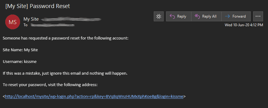 WordPress Reset Password Email